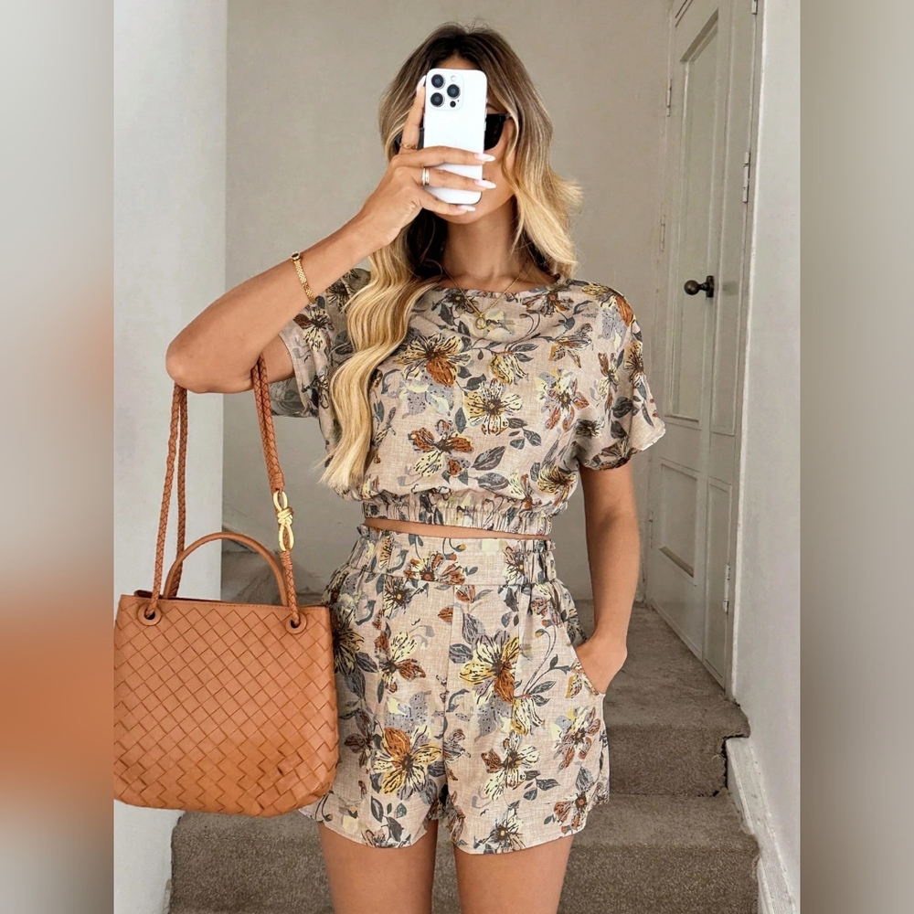 Floral Short Sleeve Women’s Top in Beige with Yellow Accents..set of 2